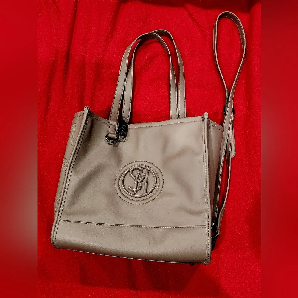 Taupe Structured Tote Bag with Monogram Accent